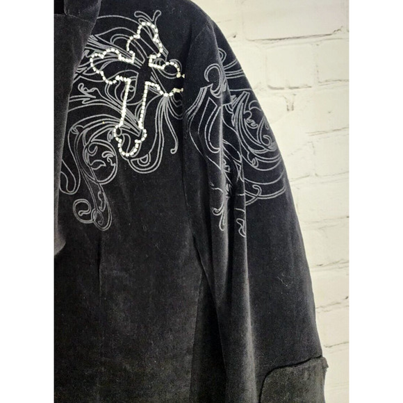 ROAR VELVET Blazer Jacket Mens Sz L Black Graphic Print Two Button Elbow Patch - Picture 3 of 5